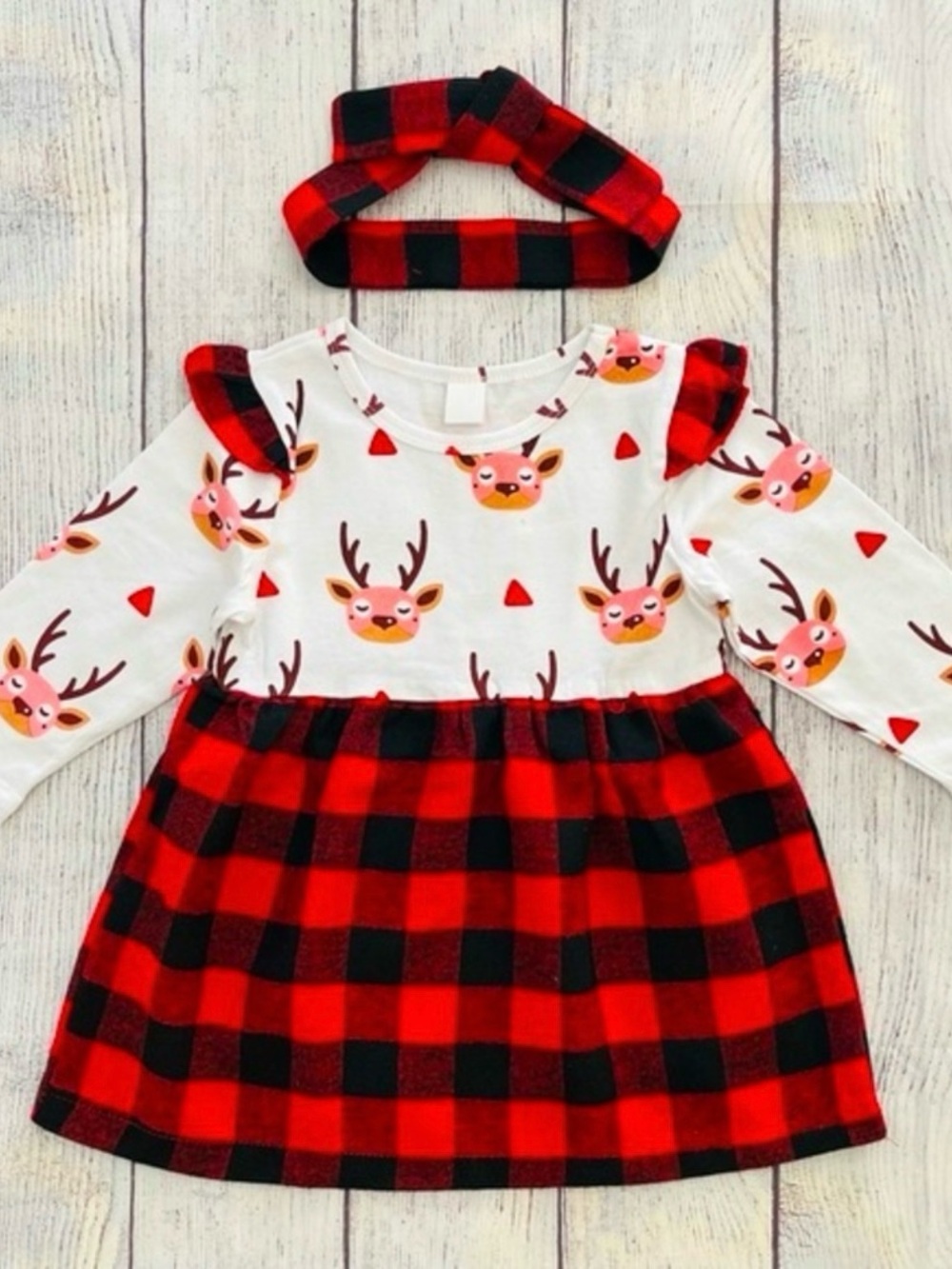 Reindeer and Buffalo Plaid Ruffle Baby Girls Dress, Size 9-12m